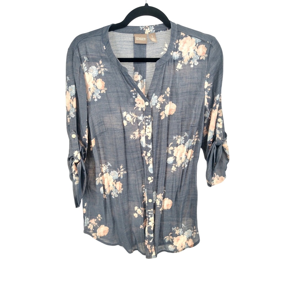 Chico's Blouse Top 1 M Floral Print Button Front‎ Tab Sleeve Boho Blue Peach